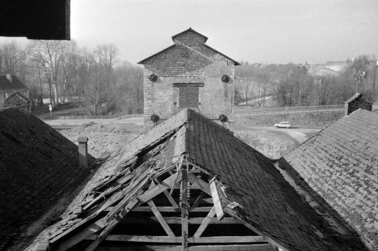 Toiture de la halle centrale de l'atelier de fabrication et monte-charge (D).