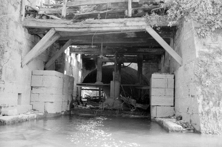Forge Neuve. Bâtiment d'eau (L) : chambre d'eau et turbine vues du canal de fuite.