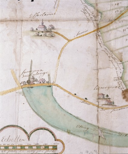 Plan et figure géométrique de la forêt d'Autrey mesure arpenté au mois d'août 1705 par les arpenteurs du Roy [...], plan formé et figuré par Claude Dausse en 1764 [détail : le haut fourneau d'Echalonge].