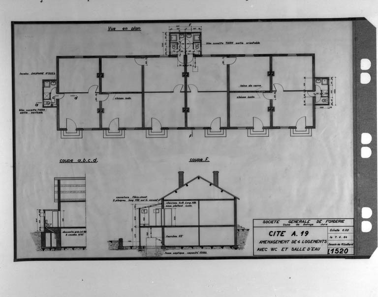 Société Générale de Fonderie. Usine de Belvoye. Jura. Cité A.19. Aménagement de 4 logements avec WC et salle d'eau.