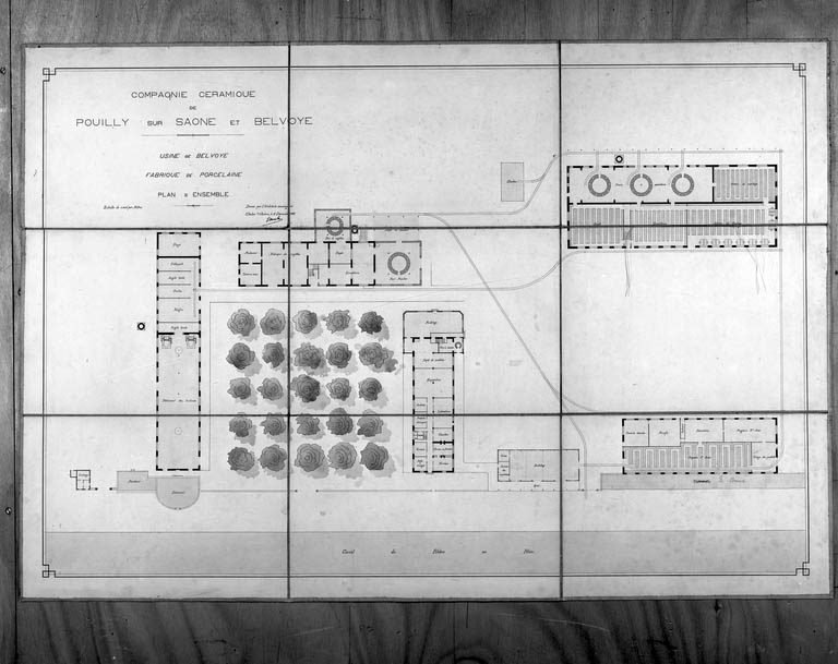 Compagnie Céramique de Pouilly-sur-Saône et Belvoye. Usine de Belvoye. Fabrique de porcelaine. Plan d'ensemble.