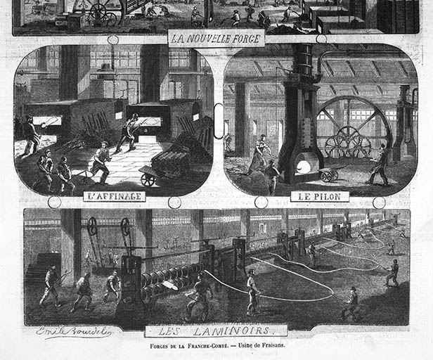 Forges de Franche-Comté. - Usine de Fraisans : l'affinage, le pilon et les laminoirs.