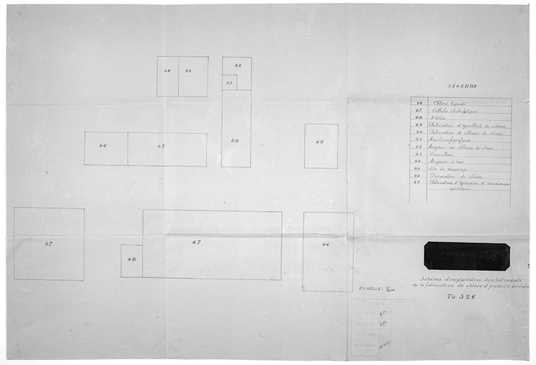 Schéma d'implantation des bâtiments de la fabrication de chlore et produits dérivés. Ta.326.