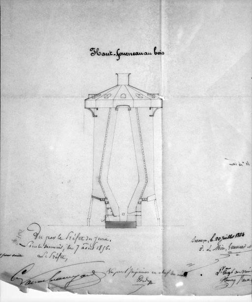 Coupe d'un haut-fourneau au bois.