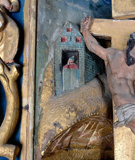 6 hauts-reliefs du retable du maître-autel : la Crucifixion, détail de la partie supérieure gauche.