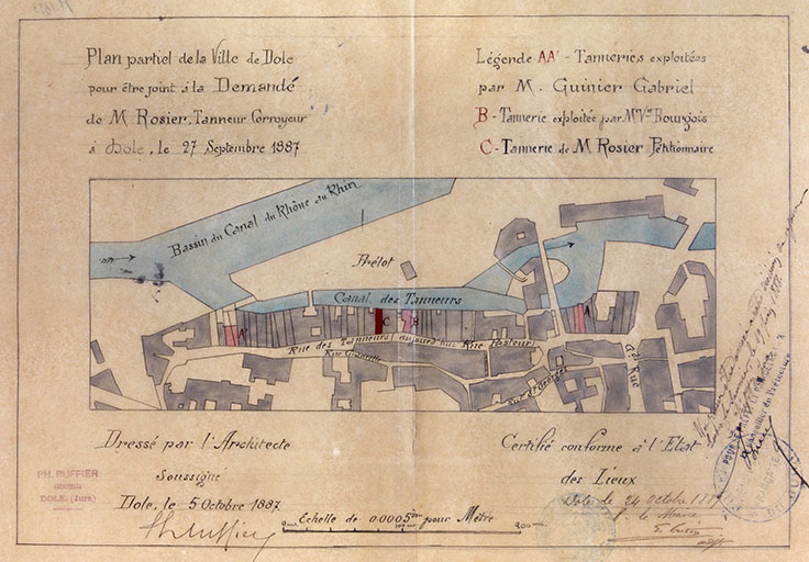 Plan partiel de la ville de Dole pour être joint à la Demande de M. Rosier, Tanneur-Corroyeur, à Dole, le 27 septembre 1887.