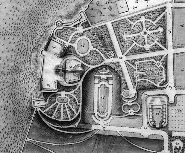 Plan du château d'Arlay et de ses attenances : parc aménagé sur le Bourg-Dessus.