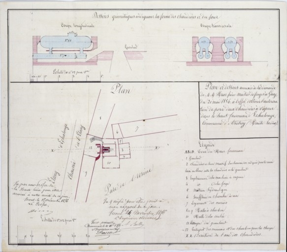 Plans et dessins annexés à la demande de MM. Huot frères [...] à l'effet d'obtenir l'autorisation de poser deux chaudières à vapeur [...].