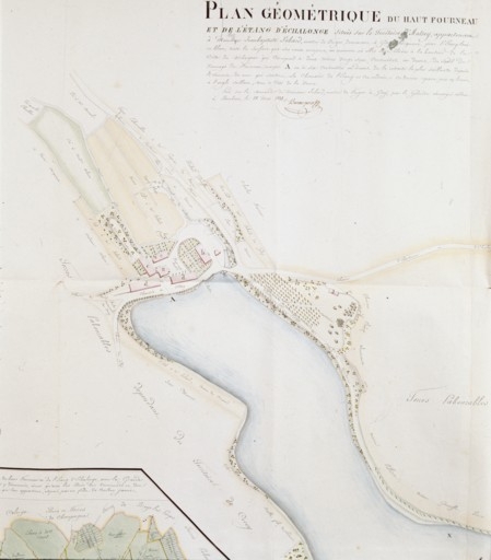 Plan géométrique du haut fourneau et de l'étang d'Echalonge [détail du fourneau].