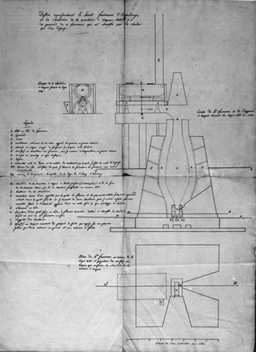 Dessin représentant le haut fourneau d'Echalonge et la chaudière de la machine à vapeur [...].