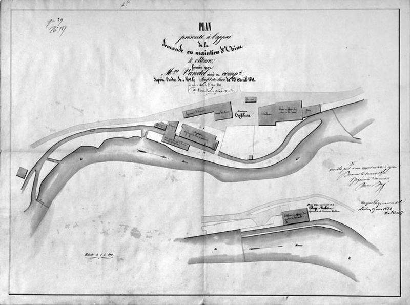 Plan présenté à l'appui de la demande en maintien d'Usine à Morez, formée par Mrs Vandel aîné et Cie [...] Plan-masse et de situation [de la ' Tirerie ' et de son annexe de la Doye Gabet], 1841.