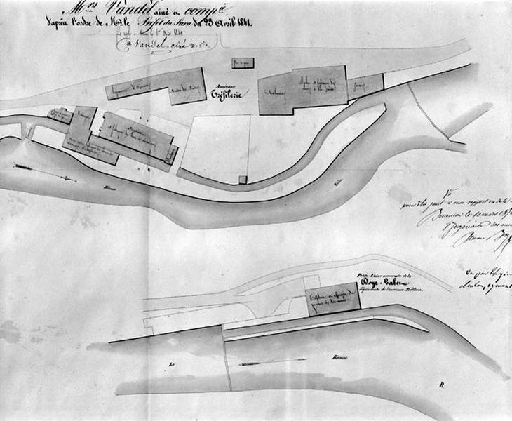 Plan présenté à l'appui de la demande en maintien d'Usine à Morez, formée par Mrs Vandel aîné et Cie [...] Plan-masse et de situation [de la ' Tirerie ' et de son annexe de la Doye Gabet], 1841.