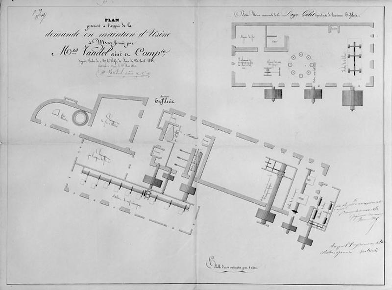 Plan présenté à l'appui de la demande en maintien d'Usine à Morez, formée par Mrs Vandel aîné et Cie [...] Plan de distribution [de la ' Tirerie ' et de son annexe de la Doye Gabet], 1841.