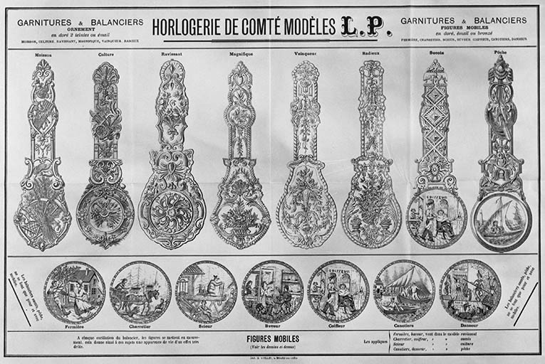 Horlogerie de Comté modèles L.P. [balanciers et figures mobiles].