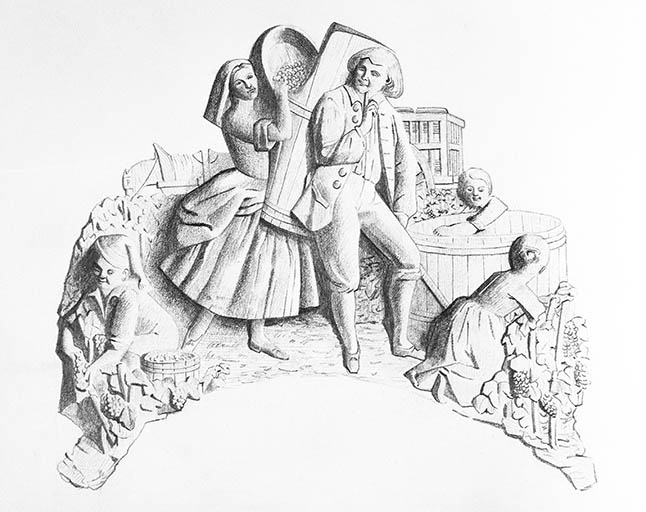 Projet de couronnement d'horloge : scène de vendanges.