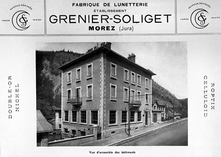 Fabrique de Lunetterie. Etablissement Grenier-Soliget, Morez (Jura), 2e quart 20e siècle [vers 1933].