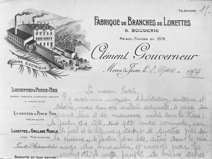 Fabrique de Branches de Lunettes et souderie Clément Gouverneur. Dessin, papier à en-tête, 1929. .