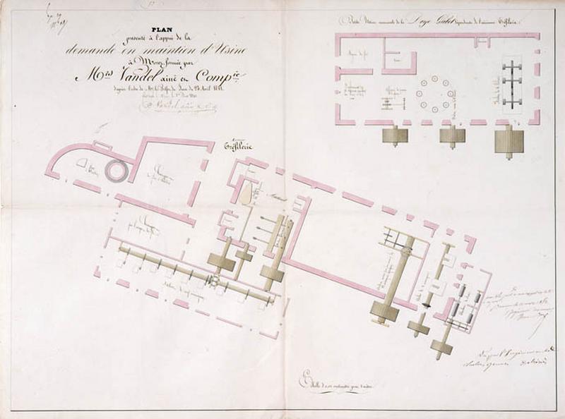 Plan présenté à l'appui de la demande en maintien d'Usine à Morez, formée par Mrs Vandel aîné et Cie [...] Plan de distribution [de la ' Tirerie ' et de son annexe de la Doye Gabet], 1841.