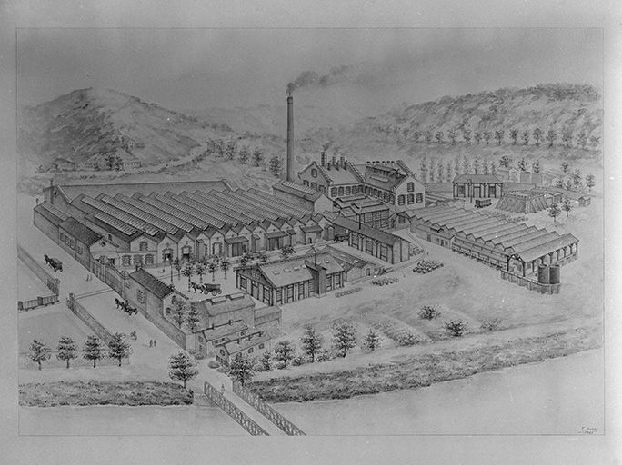 Vue cavalière de l'usine, 1901.