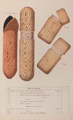 Articles de tournerie vendus par la société dans les années 1920 : étuis à lunettes et boîtes d'allumettes.