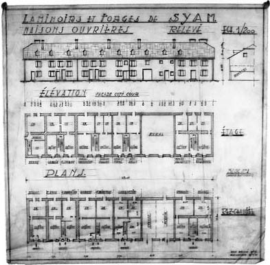 Laminoirs et Forges de Syam. Maisons ouvrières. Relevé. Elévation façade côté cour ; plans rez-de-chaussée et étage.