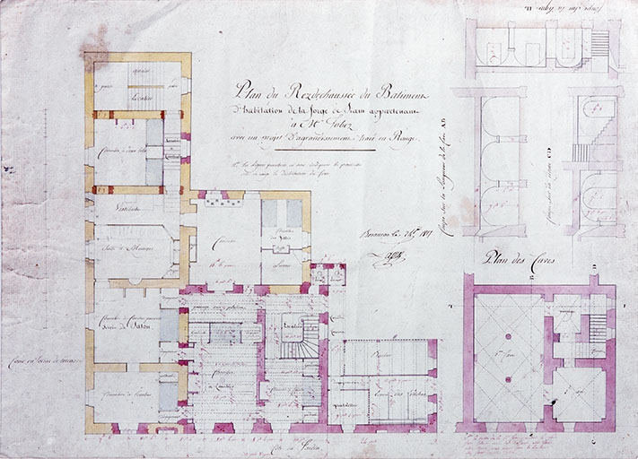 Plan du rez-de-chaussée du bâtiment d'habitation de la forge de Siam appartenant à Mr Jobez avec un projet d'agrandissement tracé en rouge.