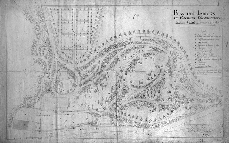 Plans des jardins et bâtiments d'habitations projetés à Siam appartenant à Mr Jobez.