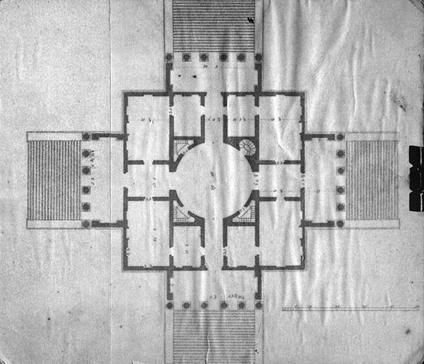 Plan du rez-de-chaussée logis carré avec rotonde centrale et quatre peristiles [plan de la villa Rotonda à Vicence ?].