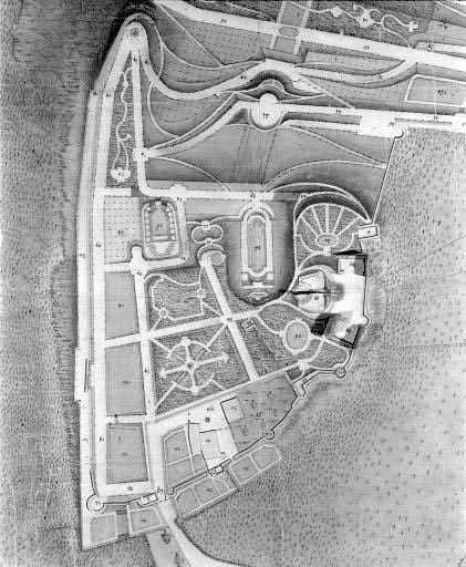 Plan du château d'Arlay et de ses attenances [détail : parc aménagé sur le Bourg-Dessus].