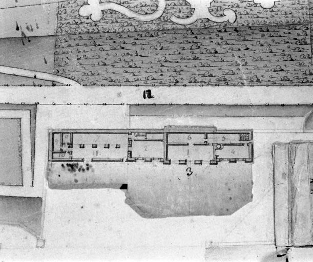 Plan du château d'Arlay et de ses attenances [détail : " Bâtiment des écuries et remises " [...], plan de distribution].