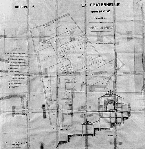 La Fraternelle. Coopérative. St Claude (Jura). Maison du Peuple. Plan du rez-de-chaussée, coupe AB [...].