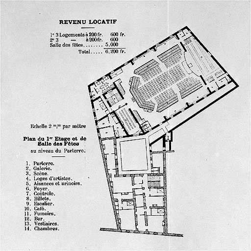 Plans de la Maison du Peuple de St Claude. Plan du 1er Etage et de la Salle des Fêtes au niveau du Parterre.