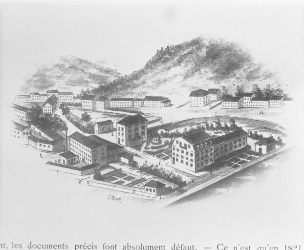 Vue cavalière de l'usine de lunetterie Colin à la fin du 19e siècle. Gravure, 1894.