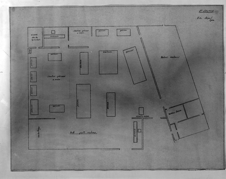 [Plan de distribution de la marbrerie, avec localisation des machines].