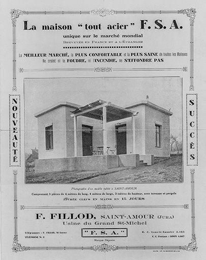 La maison " tout acier " F.S.A. vers 1928 : façades antérieure et latérale droite.