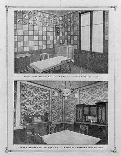 La maison " tout acier " F.S.A. vers 1928 : intérieur de la cuisine et de la salle à manger.