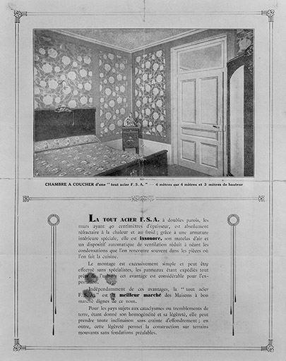 La maison " tout acier " F.S.A. vers 1928 : intérieur de la chambre à coucher.