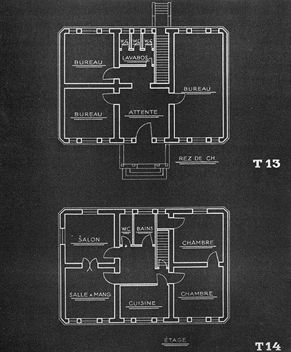 Exemple de constructions dans les années 1930 : plans de maisons T13 et T14.