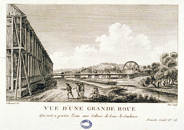 Vue d'une grande roue qui sert à porter l'eau aux Salines de Lons-le-Saulnier.