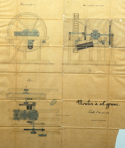 Moulin à sel gemme [plan, coupe et élévation].