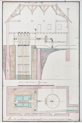 Plan du Puit de Lons le Saunier avec sa coupe et profil, et toutes ses machines représentées.