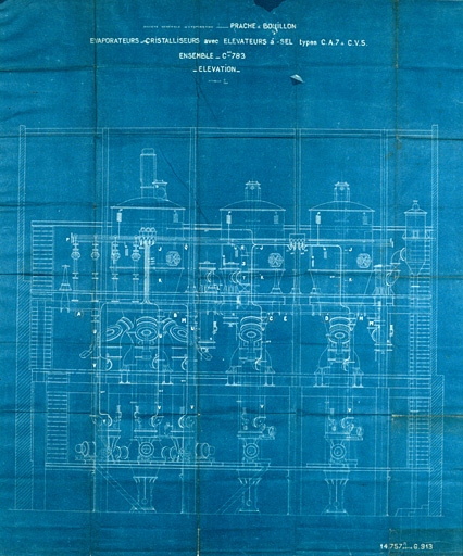 Evaporateurs-Cristalliseurs avec élévateurs à sel types C.A.7 & C.V.5. Ensemble - Cde 783. Elévation.