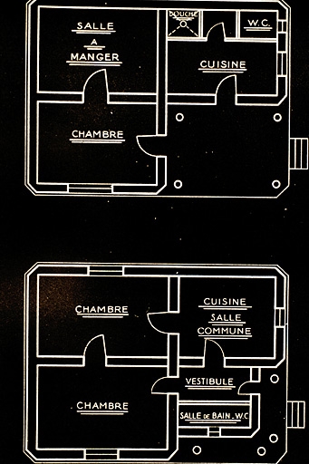 Exemple de constructions dans les années 1930 : plans de maisons T1 et T2.