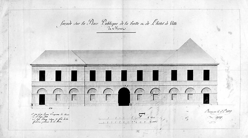 Façade sur la place publique de la halle et de l'hôtel de ville de Morez, 1817.