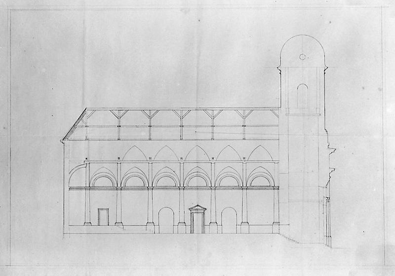 Coupe sur la longueur de l'église de Morez, 1810.