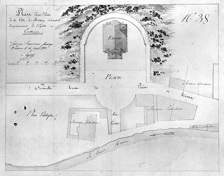 Plan d'une partie de la ville de Morez indiquant l'emplacement de l'église à construire, 1820.