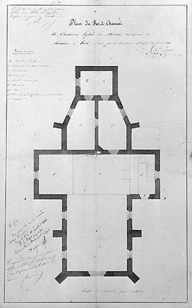 Plan du rez-de-chaussée de l'ancienne église de Morez transformée en maison d'école, 1843.