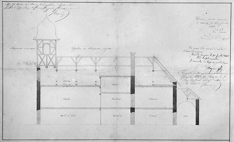[Coupe de l'ancienne église montrant la charpente projetée], 1843.