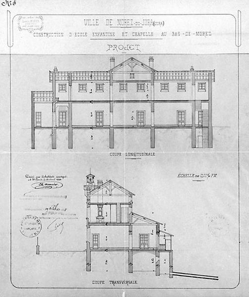 Construction d'école enfantine et chapelle au Bas-de-Morez. Projet. Coupe longitudinale [et] Coupe transversale, 1894.