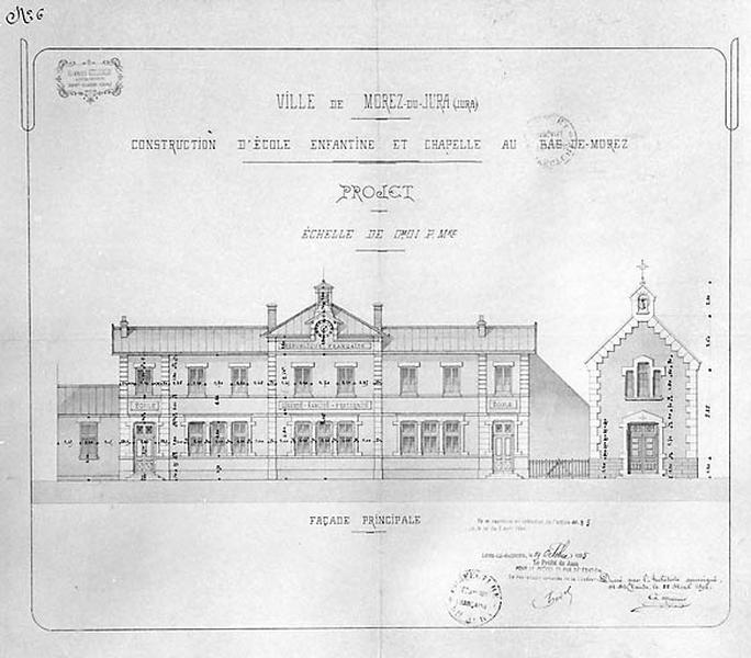 Construction d'école enfantine et chapelle au Bas-de-Morez. Projet. Façade principale, 1894.